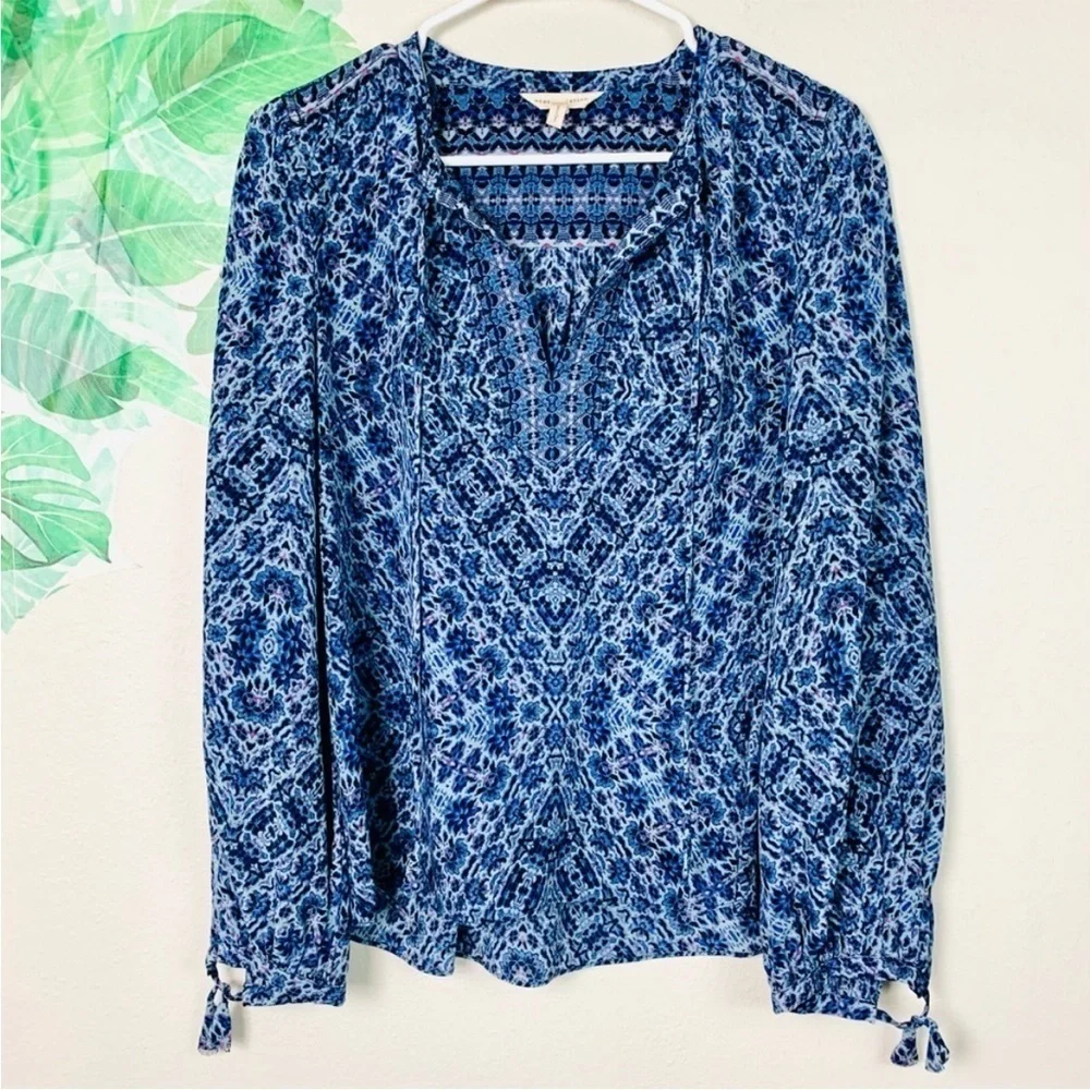 Rebecca Taylor Silk Blue Floral Tie-Neck Long Sleeve Boho Blouse Top